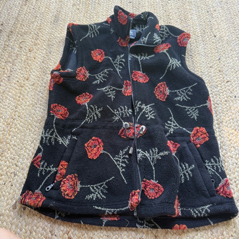 Vintage TSunami Fleece Vest Red Poppy Floral Black Zip Up Gilet Made in Canada M